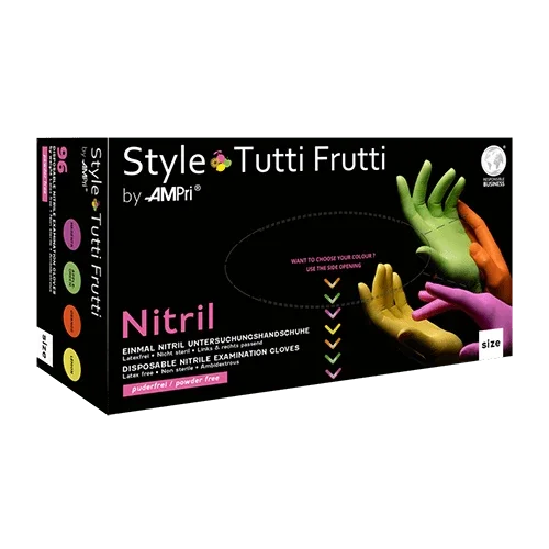 AMPri Style Tutti Frutti Nitrilhandschuhe puderfrei, Farbenmix | Box (96 Stück)