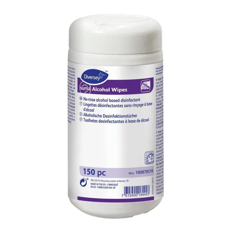 Die weiße Suma Alcohol Wipes Desinfektionstücher-Spenderdose von Diversey Deutschland GmbH & Co. OHG enthält 150 No-Rinse-Tücher mit einer alkoholbasierten Formel für die hygienische Reinigung, wie auf dem mehrsprachigen Etikett angegeben.