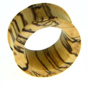 A Bananenholz Flesh Tunnel hell ribbed straight konvex ear plug, made of light tan wood with dark grain streaks and a flared, convex edge.