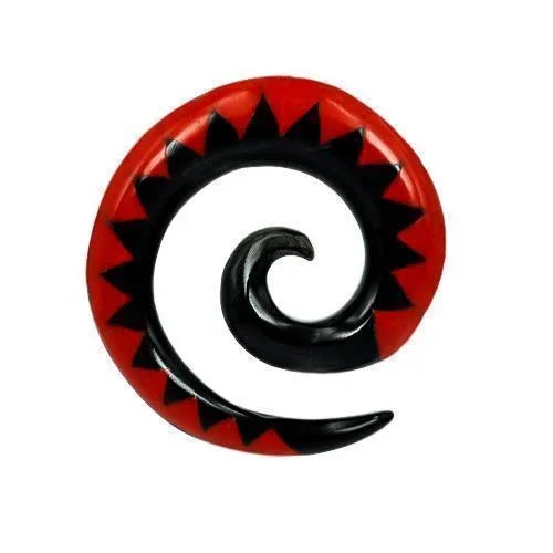 Tribal Buffalo Horn Piercing Expander, schwarze Spirale mit rotem Zickzackmuster, 6mm, Plug, Tunnel, Ohrring, Ohrhänger, Ohrstecker