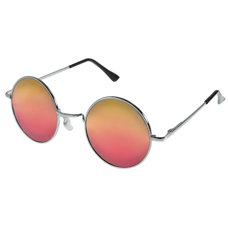 The Sonnenbrille Unisex Rund Hippie Brille John Lennon 400UV features thin silver frames, pink-to-orange gradient mirrored lenses, black temple tips, and clear nose pads, evoking a classic Hippie Brille style on a white background.