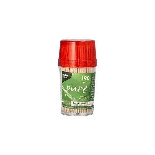 Der PAPSTAR GmbH Spender enthält 190 runde Holz-Zahnstocher "pure", je 6,5 cm lang, in einer klaren Dose mit rotem Deckel und grünem Etikett.