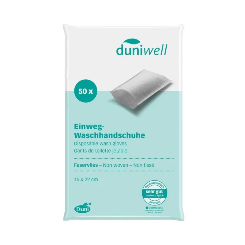 Eine Packung Duni GmbH Einmal-Waschhandschuhe Sensitiv, 50 Stück - hautfreundlich und hygienisch (15 x 22 cm); Produktinformation in Deutsch, Englisch & Französisch für optimale Pflege.