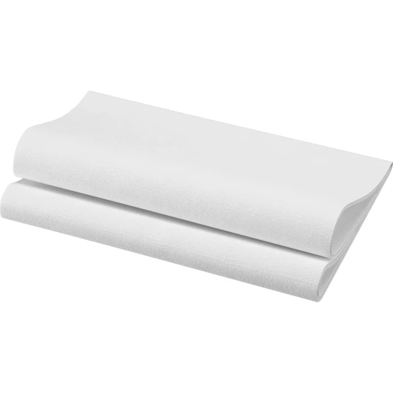 Zwei Bio-Dunisoft-Servietten 40 x 40 cm 1/4 Falz der Duni GmbH liegen gestapelt und gefaltet auf einer ebenen Fläche mit weißem Hintergrund und bieten eine luxuriöse und zugleich biologisch abbaubare Tischdekoration.
