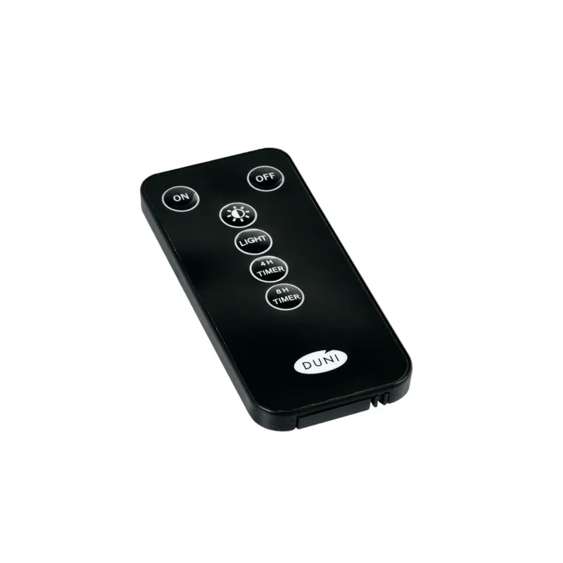 Die Duni GmbH LED-Fernbedienung Ersatzteil für TV und Beleuchtung (1 Stück) verfügt über sechs runde Tasten - ON, OFF, LIGHT, 4H TIMER, 8H TIMER und DUNI - die in einem Raster für eine präzise Lichtsteuerung angeordnet sind.