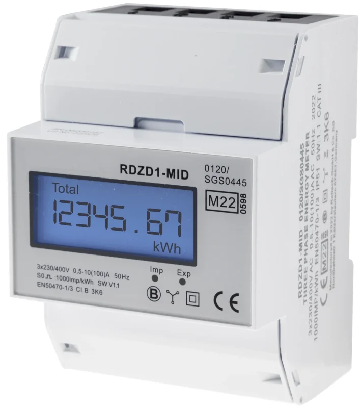 Drehstromzähler MID geeicht 3-phasig 10A, 230/400V, 4TE, digital LCD
