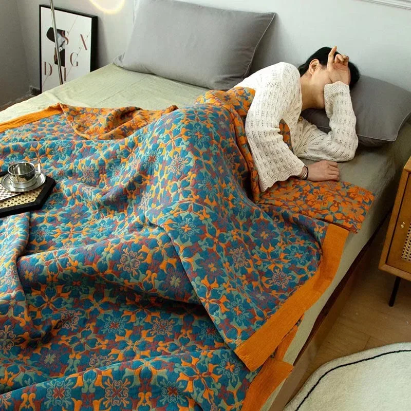 Blau Gemusterter Sechs-Lagen Baumwoll-Quilt – TerraLoom Komfortdecke