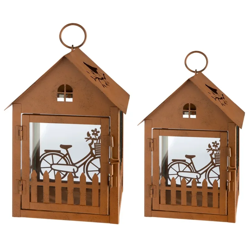 Gilde - Laterne Haus Gartenfahrrad Rost 3D mit Glaseinsatz