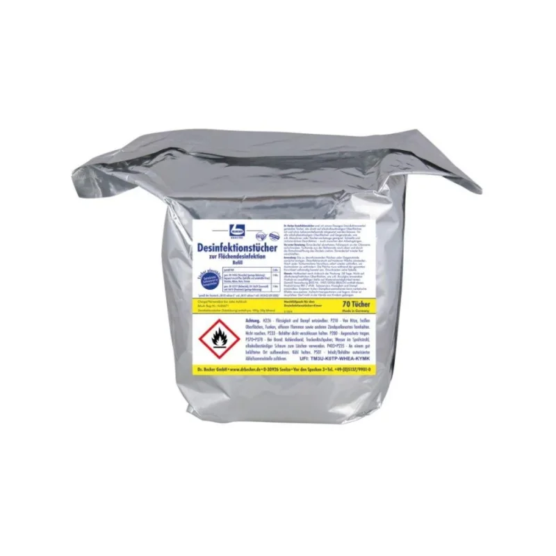 Eine silberne Verpackung mit deutscher Beschriftung und einem roten Warnhinweis „Entzündlich“ enthält 70 Dr. Becher Desinfektionstücher zur Flächendesinfektion der Dr. Becher GmbH, perfekt für die rückstandsfreie Desinfektion alkoholbeständiger Oberflächen.