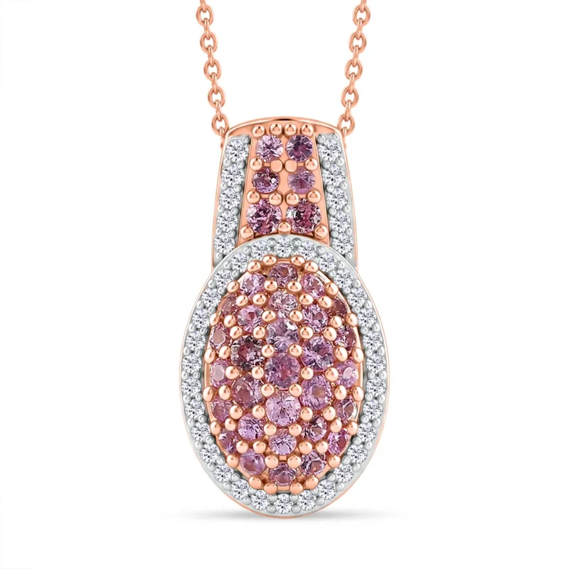 D'Joy Rosa Saphir und Zirkon Anhänger mit 50cm Kette, 925 Silber 750 Roségold Vermeil - 1,51 ct.