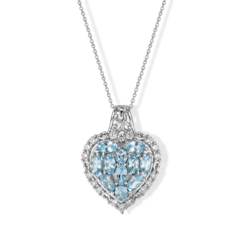 D'Joy blauer und weißer Zirkon Halo Herz Anhänger mit 50cm Kette, 925 Silber rhodiniert - 4,77 ct.