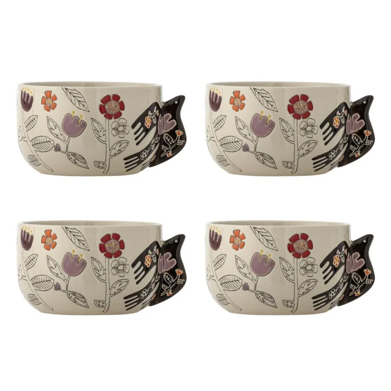 Bloomingville Vivielle Schale 4er Set 720 ml D13 cm beige - Steingutschalen mit Vogelmotiv für Tischdeko