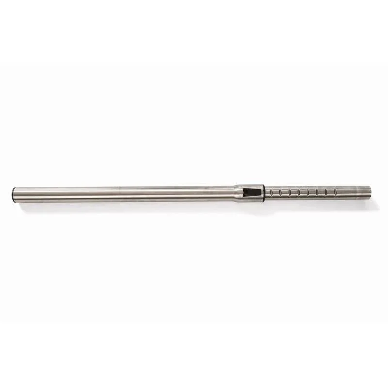Ein wiederverwendbarer gerader Strohhalm aus Edelstahl mit gleichmäßig verteilten Kerben, die das präzise Design des TASKI AERO Teleskopsaugrohrs 32mm von Diversey Deutschland GmbH & Co. OHG, abgebildet auf weißem Hintergrund.