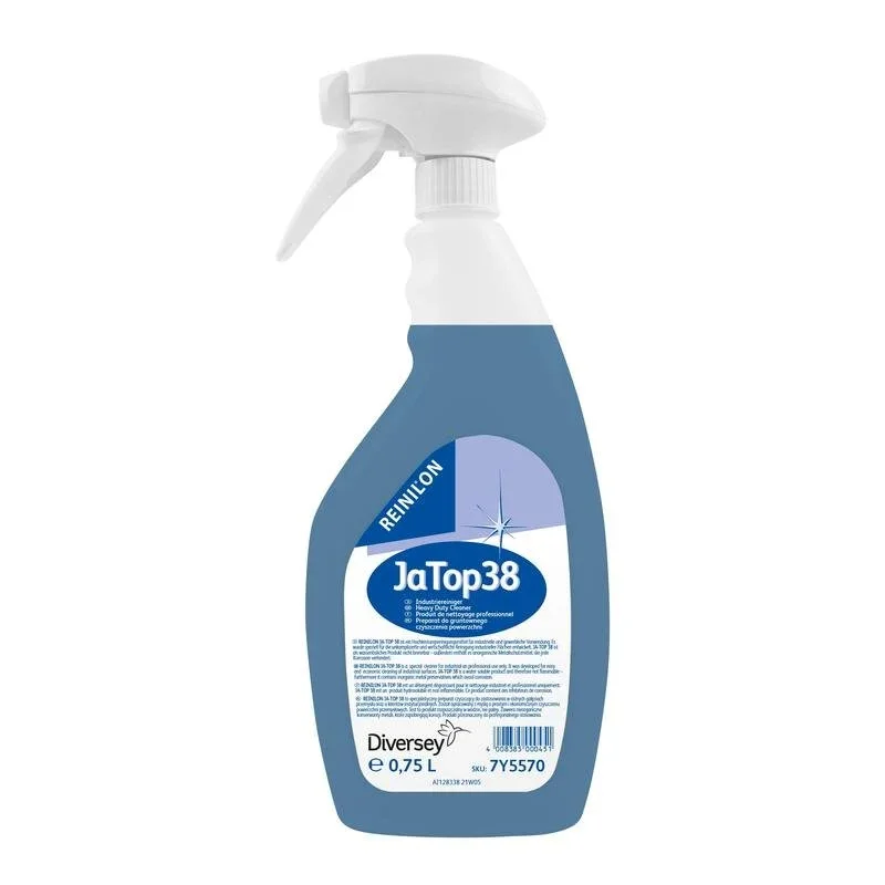 Eine Kunststoff-Sprühflasche mit blauer Flüssigkeit, beschriftet mit "Reinilon Ja-Top 38 Industriereiniger", von Diversey Deutschland GmbH & Co. OHG, enthält 0,75 l und weist auf dem Etikett auf eine umweltschonende Zusammensetzung hin.
