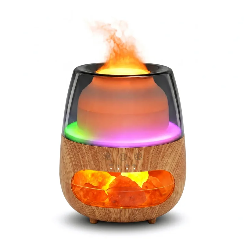 LIVMORE Aroma-Luftbefeuchter mit Holzoptik, Steindekor, LED Licht, Fernbedienung, 240 ml, inkl. 6 Duftöle, Grau/Transparent