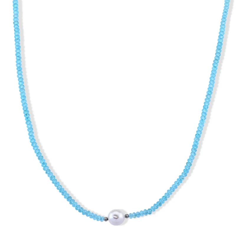 Weiße Edison Perle (7-10mm), Blau Topas, Halskette ca. 45 cm 316L Edelstahl 65.01 ct