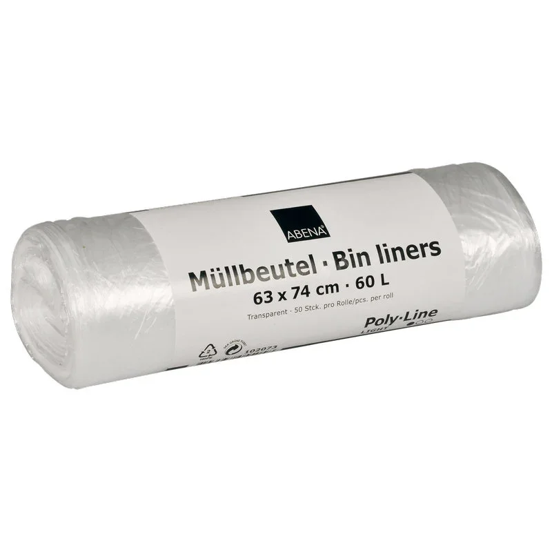 Eine Rolle transparenter Müllbeutel 60 L (630x740 mm, 5,5 my HDPE, 50 Beutel/Rolle) der Abena Re-Seller GmbH mit einem weißen Etikett mit den Produktangaben.