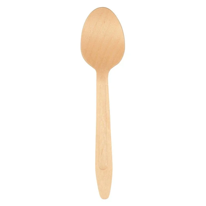 Ein 16 cm Löffel aus Holz von Abena Re-Seller GmbH, mit rundem Kopf und flachem Griff, als Packung zu 100 Stück - schlicht, umweltfreundlich und auf weißem Hintergrund fotografiert.