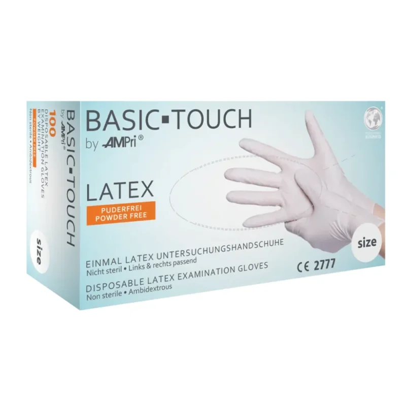 Eine Schachtel AMPri BASIC-TOUCH Latexhandschuhe puderfrei, weiĂ. Die Schachtel trĂ€gt die Aufschrift âPowder Freeâ und zeigt eine Abbildung einer behandschuhten Hand. Der Text ist in Deutsch und Englisch verfasst. Die Schachtel enthĂ€lt 100 beidhĂ€ndig tragbare, unsterile Einmalhandschuhe weiĂ in nicht nĂ€her spezifizierter GröĂe der Marke AMPri Handelsgesellschaft mbH.