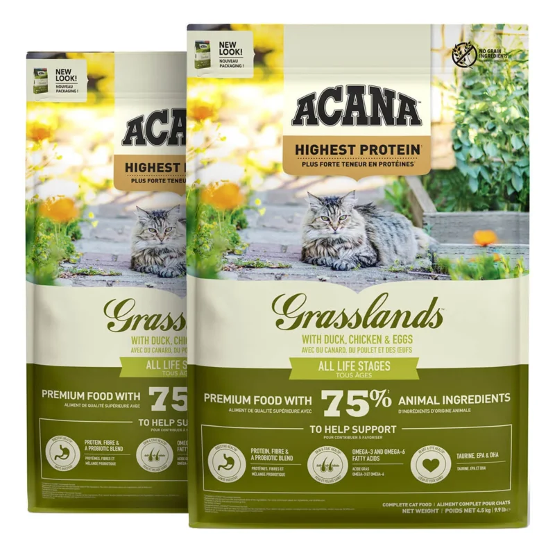 2 x 4,5 kg. Acana Highest Protein Grasslands Katzenfutter mit Ente und Huhn