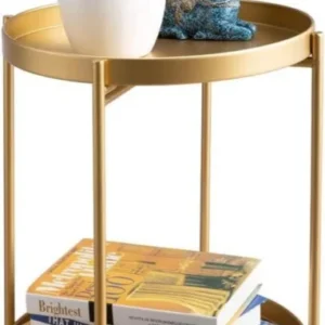 Goldener Runder Metall Beistelltisch mit 2 Ebenen, Outdoor & Indoor