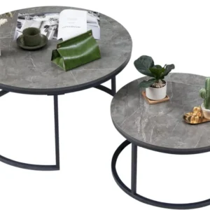 Runder Couchtisch 2er Set Marmoroptik Grau & Metallgestell