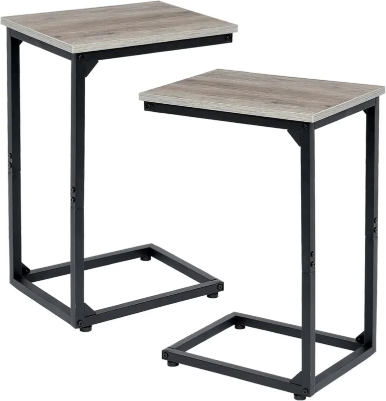 Höhenverstellbarer Beistelltisch C-Form Holz Metall Grau 2er-Set