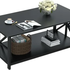 Couchtisch mit Stauraum und Regal, Industriestil, Schwarz