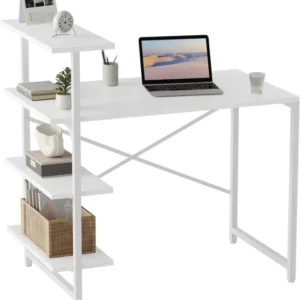 Schreibtisch mit Regal 100x50cm 3-stöckiges Stahlgestell Weiß/W