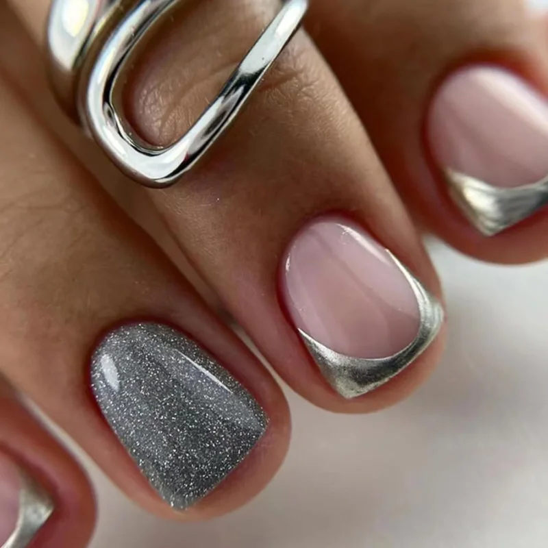24 Stück Silber Rosa Acryl Fingernägel Press on Nails mit Aufkleber