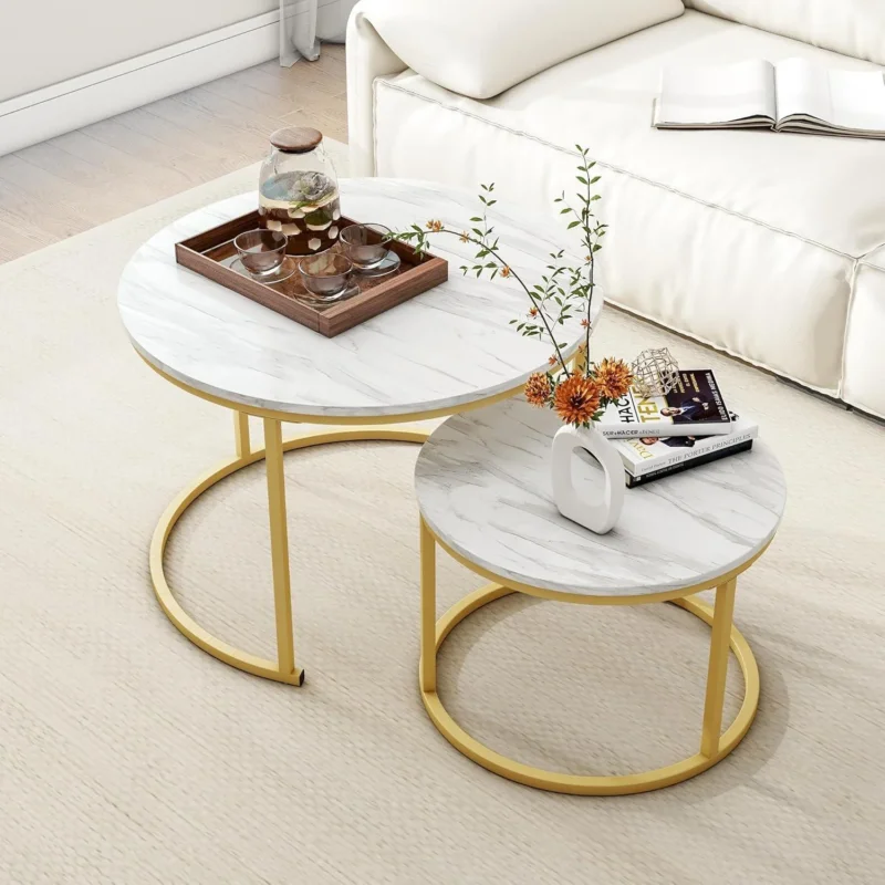 Runder Couchtisch 2er-Set Holz Stauraum goldfarbener Metallrahmen