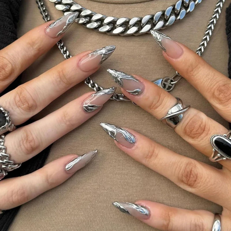 Künstliche Nägel Mandel Lang Glänzend 3D Silber French Tips, Full