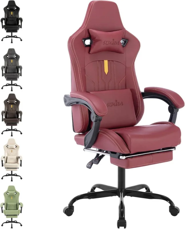 Ergonomischer Gaming Stuhl mit Fußstütze und Lendenwirbelstütze in Rot