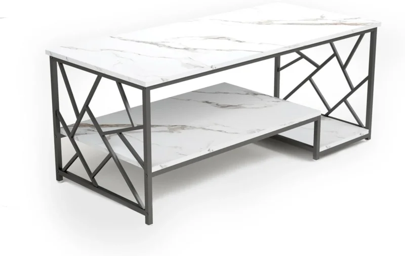 Couchtisch Weiß Modern Marmor Groß Stauraum TischMetall Rahmen