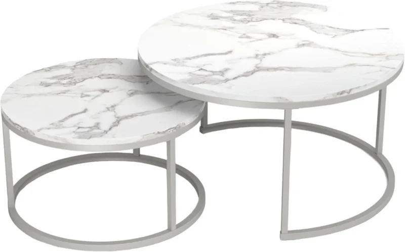 Modernes 2er-Set Couchtisch Marmor Optik Weiß Silber