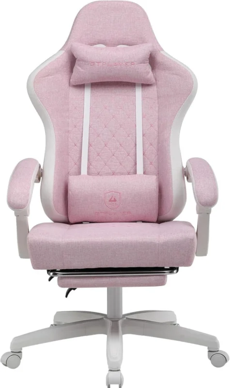 Gaming Stuhl Stoff mit Fußstütze 150kg Belastbarkeit Weiß-Rosa