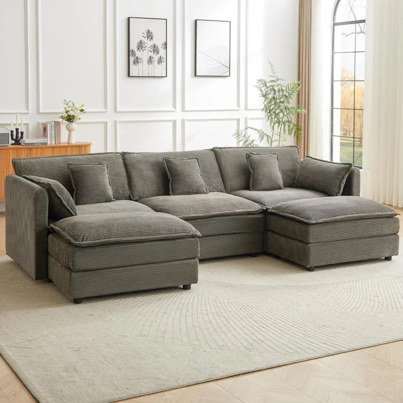 Graues Ecksofa mit Schlaffunktion & Cordbezug – 285cm