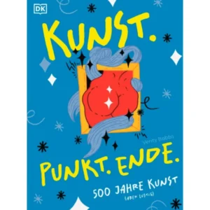 Auf dem blauen Buchumschlag steht in kräftiger gelber Schrift „Kunst. Punkt. Ende“, während eine rote, abstrakte Form, eingerahmt von grauen Schnörkeln, der Mitte verspielte Energie verleiht – und so Humor in die Kunstgeschichte bringt. Weiße Rauten und der Untertitel „500 Jahre Kunst (aber lustig)“ am unteren Rand verdeutlichen die freche Sichtweise des DK Verlags und von Verity Babbs darauf, was ein modernes Kunstbuch sein kann.
