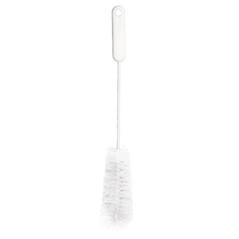 Die Haug Bürsten KG FLASCHENBÜRSTE 1/2 L verfügt über dichte Nylon 6.0-Borsten (ø 40/60 mm), einen Drahtstiel und einen langen 390-mm-Griff in Weiß - perfekt für die gründliche Reinigung von Flaschen. Sie ist vertikal auf einem schlichten weißen Hintergrund abgebildet.