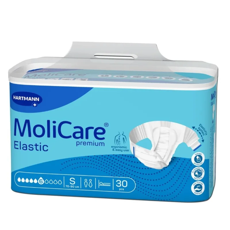 Packung Hartmann MoliCare® Premium Elastic, 6 Tropfen-Slips für Harn- und Stuhlinkontinenz von Paul Hartmann AG, Größe S, passend für Taillenumfang 70-90 cm. Enthält 30 Slips mit ergonomischem Design und benutzerfreundlichen Symbolen in einem blau-weißen Farbschema sowie ein Bild eines Slips.