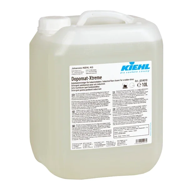 Ein 10-Liter-Gebinde des Kiehl Dopomat-Xtreme Automatenreinigers für Industrieböden der Johannes Kiehl KG aus transparentem Kunststoff trägt ein weißes Etikett mit Produktangaben und Hinweisen für die professionelle Industriereinigung.