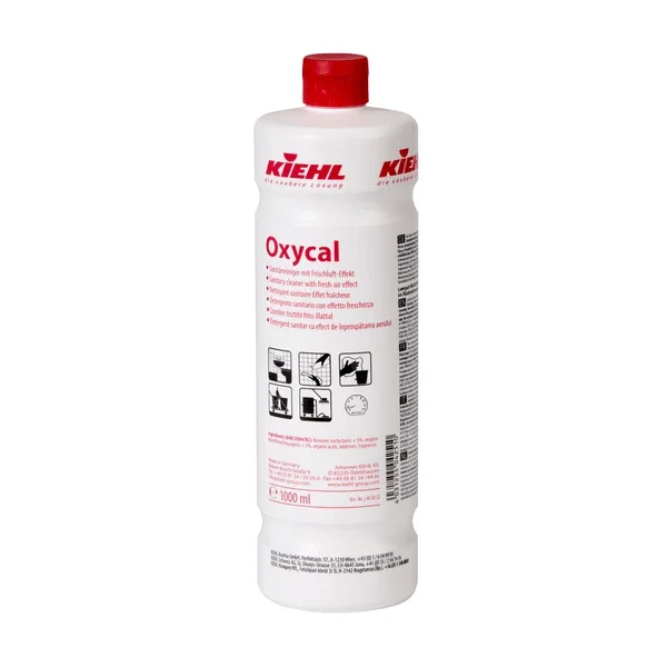 Die weiße 1-Liter-Flasche Johannes Kiehl KG Oxycal Sanitärreiniger mit Frischluft-Effekt hat einen roten Verschluss, ein deutsches Etikett mit Anwendungssymbolen für hygienisch saubere Oberflächen, klare Anweisungen und das Kiehl-Logo auf der Oberseite.