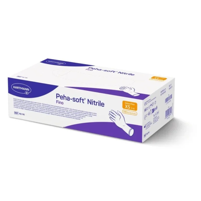 Schachtel mit Peha-softÂź nitrile fino Einweghandschuhen der Paul Hartmann AG, latexfrei und puderfrei, mit weiĂ-violetter Verpackung in den GröĂen XS â S. EnthĂ€lt eine Handabbildung mit Handschuh, Barcodes und Produktinformationen an den Seiten.