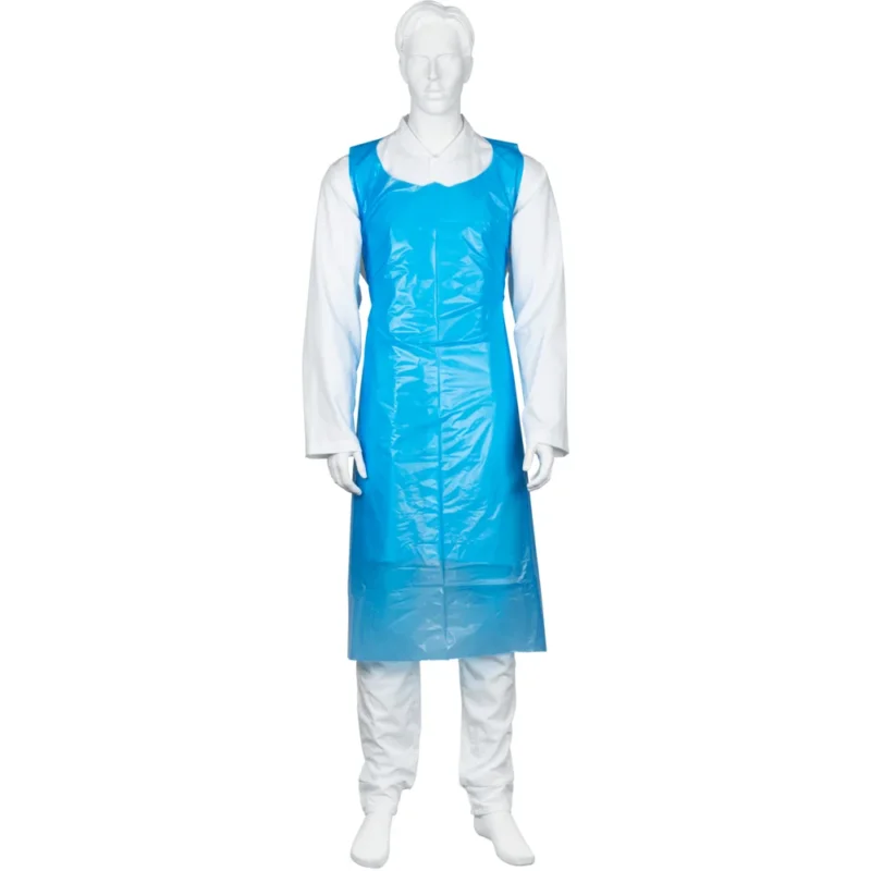 Eine weiße Schaufensterpuppe, die eine Einwegschürze der Abena Re-Seller GmbH, 85x130 cm, 35 my LDPE in Blau (Packung 50 Stück) trägt, steht aufrecht und nach vorne gerichtet vor einem schlichten weißen Hintergrund.