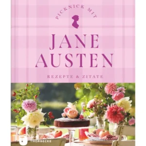 Das Buch "Picknick mit Jane Austen | Rezepte & Zitate" aus dem Patmos Verlag erinnert mit seinem pinkfarbenen, karierten Einband und einer Tischszene im Freien an Jane Austens Picknicks und den Charme der englischen Teekultur.