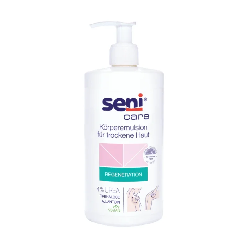 Die 500-ml-Tube der Seni Care Körperemulsion für trockene Haut der TZMO Deutschland GmbH enthält 4 % Urea, Trehalose und Allantoin, um trockene Haut tiefenwirksam mit Feuchtigkeit zu versorgen. Diese vegane Formel ist auf Deutsch beschriftet und verfügt über einen Pumpspender für eine einfache Anwendung.