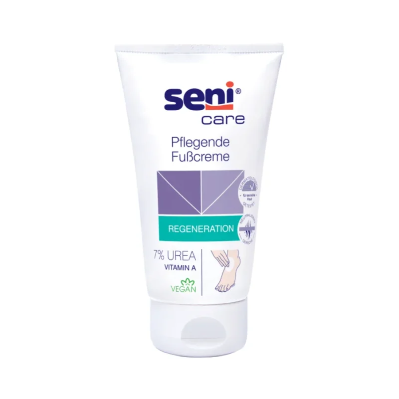 Die 100ml Seni Care Pflegende Fußcreme von TZMO Deutschland GmbH regeneriert mit 7% Urea, Vitamin A für Feuchtigkeit und ist vegan zertifiziert. Die dermatologisch bestätigte Verpackung zeigt ein Fuß- und Cremebild.