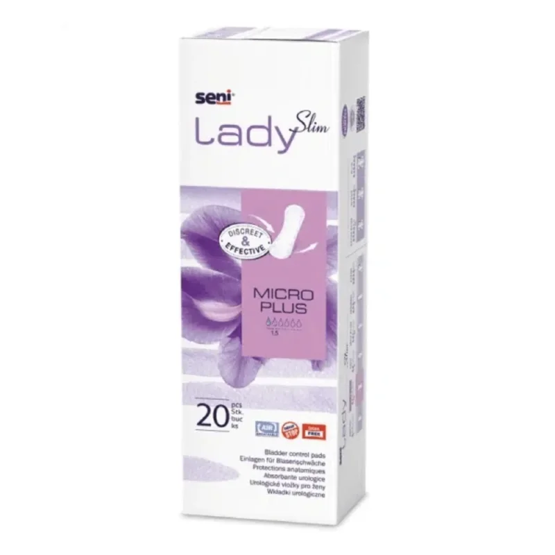Eine rechteckige Schachtel Seni Lady Slim Micro Plus Einlage von TZMO Deutschland GmbH in Lila und Weiß enthält 20 Pads und hebt die wichtigsten Funktionen hervor – ideal für Tröpfcheninkontinenz.