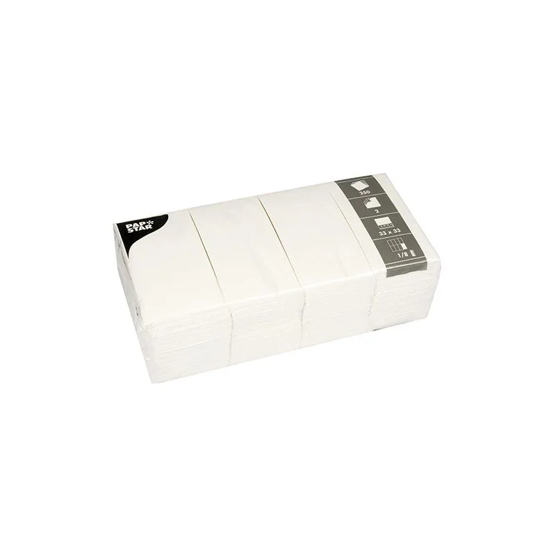 Eine Packung mit 250 weißen, 2-lagigen PAPSTAR Servietten (33x33 cm, 1/8-gefaltet) der PAPSTAR GmbH, verpackt in klarem Kunststoff mit einem grau-weißen Etikett oben rechts.