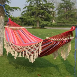 200x150cm Doppelte Outdoor-Camping-Hängematte aus Canvas mit Quasten und Stange (Rosa Streifen)